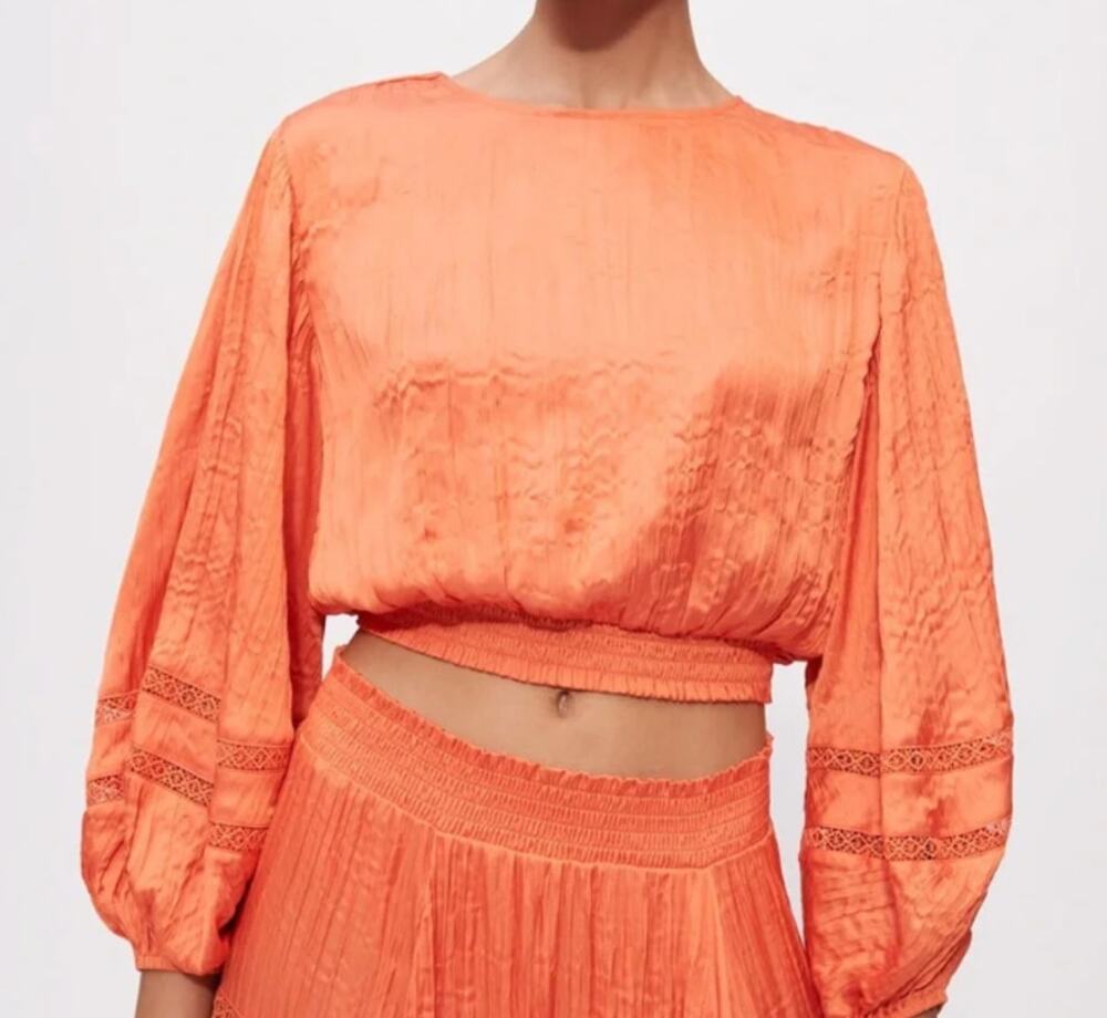 Maje Lapri Orange Crinkle Satin Open Back Crop Top Size 2 M NWT